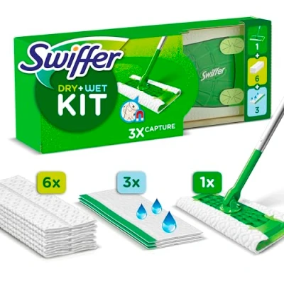 Imagen de Swiffer Mopa Limpiador En Seco Y Húmedo Kit Básico Para Limpiar Madera Suelos, Con: 1 Mopa, 6 Paños Secos, 3 Húmedos
