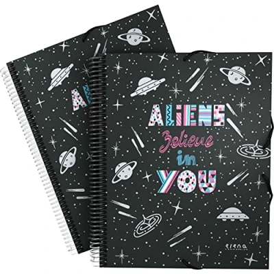 Imagen de Grafoplás Carpeta Fundas Plástico A4 30 Forros Transparentes con Espiral Incluye Sobre Cierre Tapas Flexibles Aliens, Elena Corredoira