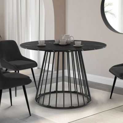 Imagen de YUNA mesa de comedor redonda 4 6 personas ALASKA tapa efecto mármol negro y pata alambre metal 110 cm IDMarket