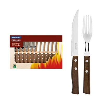 Imagen de Tramontina Juego de Cubiertos Churrasco, para Carne, en Acero Inoxidable y Mangos Madera Natural, Utensilios con Remaches, 12 Piezas
