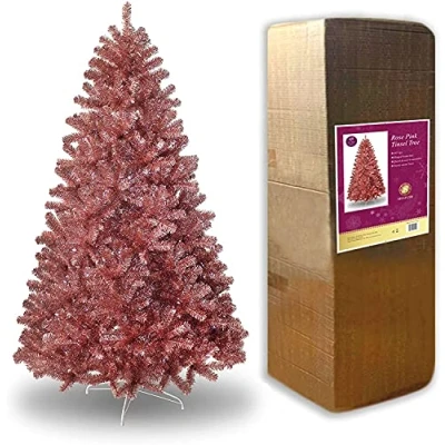 Imagen de SHATCHI Árbol de Navidad Artificial Rosa champán Dorado Brillante, Puntas oropel Aspecto tupido, Ramas con bisagras, decoración para el hogar, PVC, 6 pies