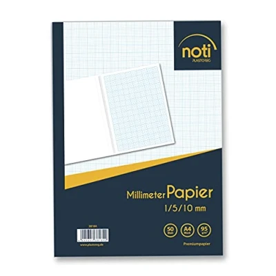 Imagen de Papel cuadriculado A4 50 páginas premium 95 g/m² con cuadrícula azul/líneas en 1/5/10 mm, entre otros, para dibujos técnicos