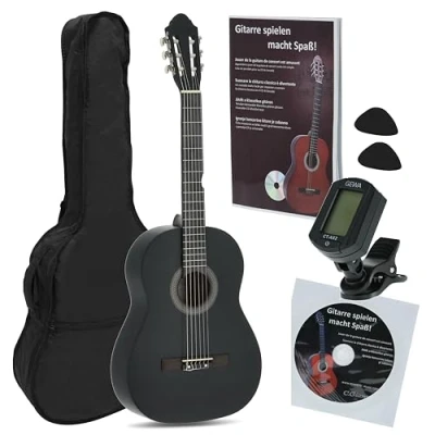 Imagen de Juan Miguel Navarrez NV12PK Starter Set guitarra clásica negro 4/4, bolsa/Gig Bag, libro con CD, afinador (tuner),2 púas