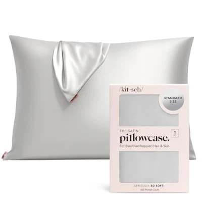 Imagen de Kitsch Funda de Almohada refrescante 100% satén con Cremallera, más Suave Que la Seda, Ideal para el Cabello y Piel (Estándar/Queen, 1 Paquete, Plateado)