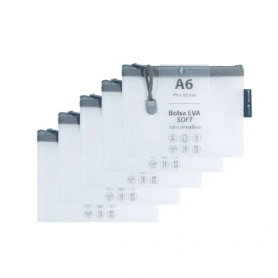 Imagen de Grafoplas Pack de 5 Bolsas con Cremallera EVA Soft a6, Blanco, Tacto Suave, Zipper Bags Hechas Goma Transparente, Ideal para Transportar y Proteger Todo Tipo Artículos Documentos