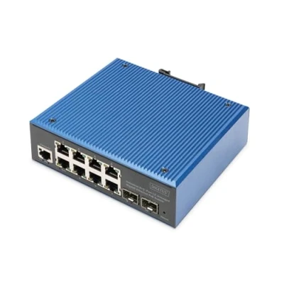 Imagen de DIGITUS Conmutador de Red PoE 10 Puertos Gigabit Ethernet 8X RJ45 + 2X SFP IP40 L2 gestionado 10/100/1000 Mbit/s Montaje en Carril DIN Serie Industrial Negro/Azul