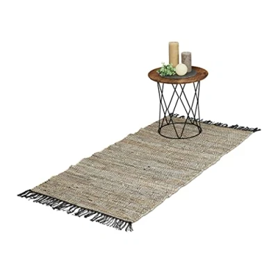 Imagen de Relaxdays Alfombra de Pasillo Algodón y Cuero, 70 x 140 cm, con Flecos, Antideslizante, Retazos, Gris