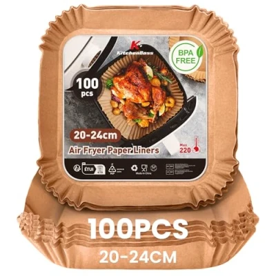 Imagen de KitchenBoss Papel Para Freidora de Aire: 100 Piezas Air Fryer Cuadrado 20 24CM, Desechable Aire Antiadherente Impermeable a Prueba Aceite 5 8L Freidora, Horno, Microondas