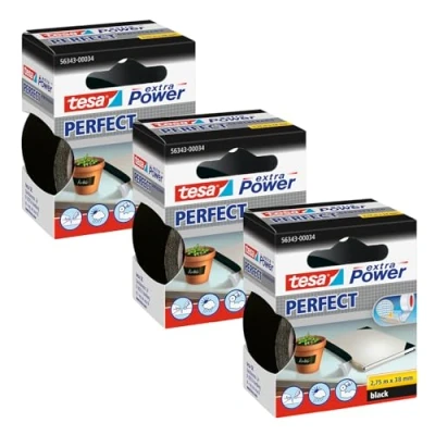 Imagen de tesa Extra Power Perfect Paquete de 3 Cinta Reparación Reforzada en Tela para Confeccionar, Reparar, Fijar, Reforzar y Etiquetar Negra 3x 2.75 m x 38 mm