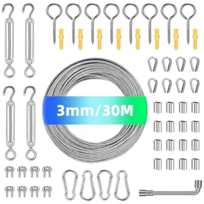 Imagen de MUUKAIII 30m Cable de Acero Inoxidable 3mm Kit Cables Recubierto, Nylon con Tensor y Alambre, cuerda para tendedero exterior, Suspensión, Soporte Planta