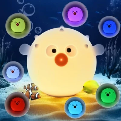 Imagen de Euakee Luz Nocturna Pez Globo, Lampara Bebe, de Noche 7 Colores, Táctil Portátil 1200mAh Batería Lámpara&amp;Timing Luzs para Niños, Decoración Habitación Regalo Niños
