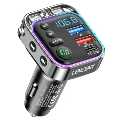 Imagen de LENCENT Transmisor FM Bluetooth 5.3, Adaptador Coche con Carga Rápida PD 30W &amp; QC3.0, Cargador de Alta Fidelidad Música Agudos, Llamadas Manos Libres