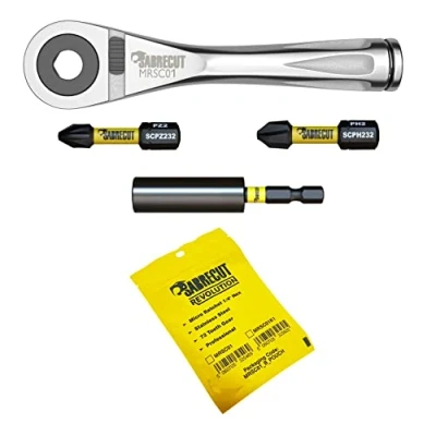 Imagen de 4pc SabreCut MRSC01K1 Mini Micro Ratchet 1/4 Hex Acero Inoxidable Profesional 72 Dientes Llave de Trinquete Mano con Destornillador PH2 PZ2 32 mm y un Soporte Magnético Puntas Impacto