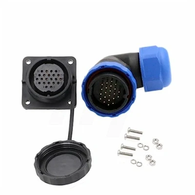Imagen de HangTon HE29 22 Pin Poder Impermeable 5A Macho Hembra Conector de ángulo Recto, Cable Enchufe Montaje en Panel zócalo al Aire Libre Marinos eléctricos Soldadura Circular desconexión rápida