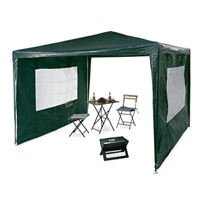 Imagen de Relaxdays Pavilion 3x3 m, 2 paneles laterales, estructura de metal, lona PE, ventana, carpa fiesta del festival, cerrada, verde