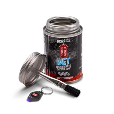 Imagen de Errecom 1000 Miglia BKR 3102 Lubricante para cadenas de bicicletas WET 120 ml, condiciones húmedas, mojadas y con barro, tarro All In One cepillo incluido