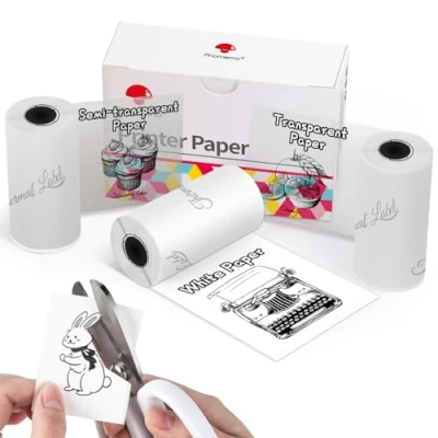 Imagen de Phomemo papel Térmico Adhesivo para Impresora M02, M02PRO, M02S, M03, M03AS, M04S, M04AS, Blanco/Transparente/Semitransparente, 53 mm x 3,5 mm, 3 Rollos