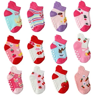 Imagen de Wobon 12 pares de Calcetines Antideslizantes para Niñas Pequeñas Algodón, Bebé (12 flores, 3 5 años)