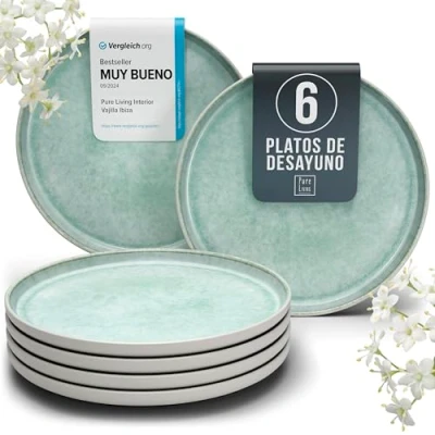 Imagen de Set de Platos y Tazas Desayuno Ibiza Vajilla Completa 6 Personas Diseño Estilizado Resistente Funcional Pure Living Beige Turques