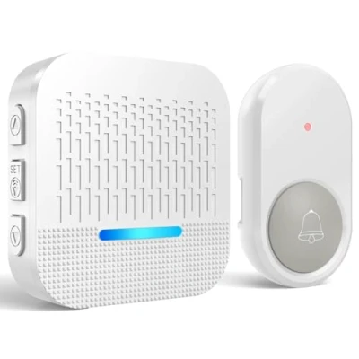 Imagen de SURFOU Timbre Inalámbrico Exterior Impermeable con Batería 300M de Distancia e Enchufe Receptores para Casa 55 Tonos Incluidos Navidad 5 Niveles Volumen Indicador LED, Blanco