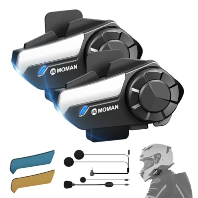 Imagen de Moman Intercomunicador Casco Moto, H2 Pro【2 Piezas Negro】 Interfono Manos Libres Motociclismo Auriculares Sistema de Comunicación 1000M con DSP&amp;CVC, Moto