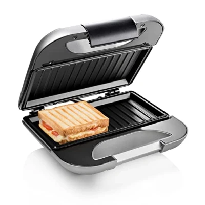 Imagen de Princess 127003 Sandwichera DeLuxe para 2 sandwiches, placas de parrilla, superficie 22 x 12 cm, tapa con cierre seguridad, gris