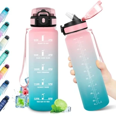 Imagen de Botella Agua 1L, Cantimplora con Marca de Tiempo, Pajita, Reutilizable y sin BPA, Gimnasio, Motivacional para Escuela, Oficina, Cámping, Running, Bicicleta