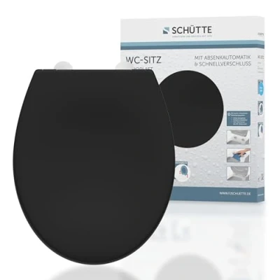 Imagen de SCHÜTTE Asiento de inodoro negro con descenso automático y cierre rápido, diseño tapa bisagras metal, gafas hasta 150 kg, tamaño universal, color