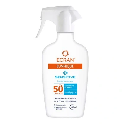 Imagen de Ecran Sunnique Leche Protectora Solar SPF 50+ Sensitive en Spray, Protección Muy Alta UVA, UVB y IR A, Antialergias Solares, Resistente al Agua, Pieles Claras e Intolerantes Sol 270 ml
