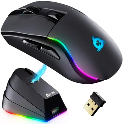Imagen de KLIM Blaze Y Ratón inalámbrico RGB Recargable con estación de Carga Novedad Sensor Alta precisión batería Larga duración hasta 6000 dpi Cable
