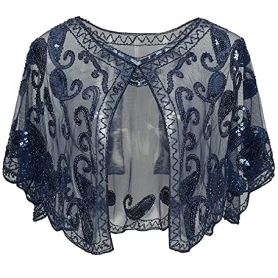 Imagen de ArtiDeco Chal de los años 20 para vestidos noche, estola bodas, mantón fiestas o disfraces azul oscuro Talla única