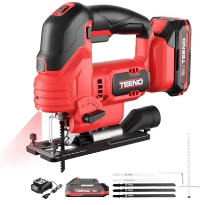 Imagen de TEENO Sierra de Calar inalámbrica para Batería Makita 20V, Caladora Con Láser 800 3000 SPM 5 cuchillas, Corte ± 45, 6 VELOCIDADES,LED, Cortar Metal, Madera, Plástico(dos baterías, 2.0 AH)