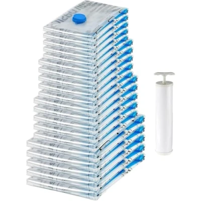 Imagen de Amazon Basics Bolsas de almacenamiento comprimibles mediante vacío, incluye bomba vacío manual, Cremallera, Múltiple, 20 Unidad (5 pequeñas, 5 medianas, grandes y Jumbo), Transparente