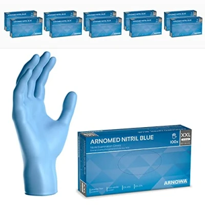 Imagen de ARNOMED guantes nitrilo talla XXL, de nitrilo, azul, 10 cajas (1000 uds), desechables para mecanico, sin polvo en tallas XS, S, M, L, XL, XXL