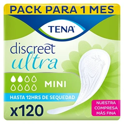 Imagen de TENA Discreet Mini Ultra 6 x 20 son nuestras compresas más finas y ofrecen protección discreta segura para las pérdidas de orina leves 120 Bolsitas Individuales Paquete Mensual. Ultrafina.