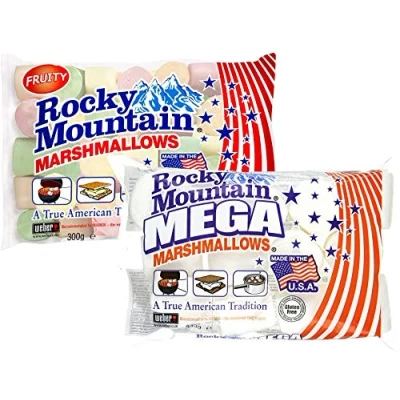 Imagen de Juego de degustación malvaviscos las Montañas Rocosas Fruity &amp; Mega, coloridos dulces tradicionales americanos para asar en una fogata, a la parrilla o al horno, sabor fruta, (1x300g, 1x340g)