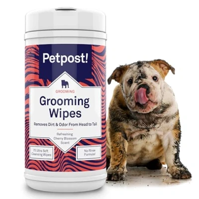 Imagen de Petpost Toallitas Limpiadoras para Perros Grandes y Perfumadas con Aroma a Flor de Cerezo 70 Almohadillas Algodón Ultra Suave en Solución Limpiadora (Flor Cerezo)