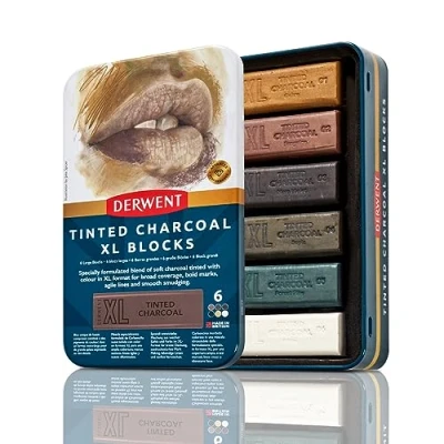 Imagen de Derwent Barras de Colores XL Carboncillo Tintado, Caja Metálica con 6 Extra Largas 60mm, Solubles en Agua, Ideales para Bocetaje, Dibujo y Bellas Artes, Calidad Profesional, 2306177