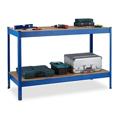 Imagen de Relaxdays Banco de Trabajo, 2 Niveles Altura Ajustable, 90,5 x 141 61 cm, Mesa Carpintería para Taller, Acero, Azul, Tablero Fibras, 92 150 60 cm