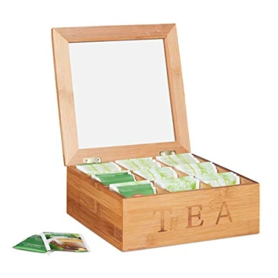 Imagen de Relaxdays, 5 x 22 cm Estuche de bambú para té, Nueve Compartimentos, Cuadrado, Ventana Transparente, Marrón, 8