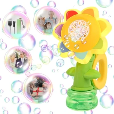 Imagen de Apritsce Maquina de Burbujas, Girasol Pompas Jabon, Portátil Juguete Burbujas Niños, Pompero Automatico para Boda, Cumpleaños, Fiesta