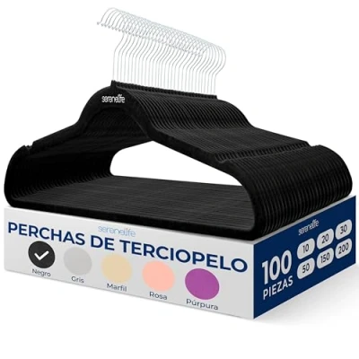 Imagen de SereneLife Perchas, Ropa, de Terciopelo, Antideslizantes, Finas y Suaves. 100 Piezas, con Gancho Giratorio 360. Color Negro