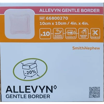 Imagen de ALLEVYN Gentle Border 66800270 Apósito con borde suave de 10 cm x 10cm, unidades adhesivo espuma