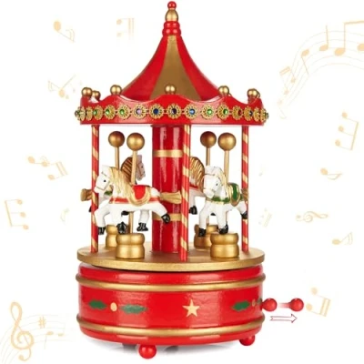 Imagen de BRUBAKER Caja de Música Madera Nostálgico Carrusel con Caballos Melodía: Jingle Bells 24 cm Regalo y Decoración para Navidad Navideña Oro Rojo