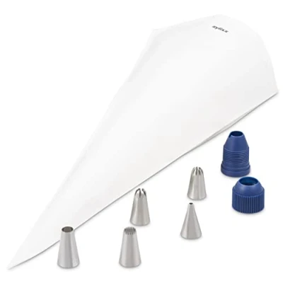 Imagen de Zyliss E980215 Conjunto de Mangas Pasteleras, Algodón/Acero Inoxidable/Plástico, Blanco/Plata/Azul, Glaseado/Mezclas/Decoración Pasteles, Incluye 5 Boquillas Intercambiables