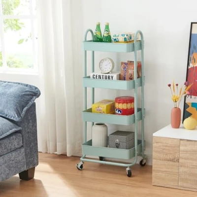 Imagen de [en.casa] Carro de Servicio con 4 Cestas Estantería Baño Ruedas Carrito Cocina Multiusos Versátil Resistente Acero 104 x 46 35 cm Verde Menta