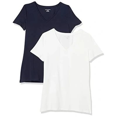 Imagen de Amazon Essentials Camiseta de Cuello en v Manga Corta y Ajuste Clásico Mujer, Pack 2, Azul Marino/Blanco, XXL