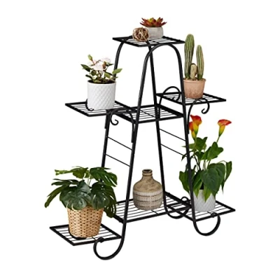 Imagen de Relaxdays Estantería Plantas Retro, 83 x 75 24 cm, Escalera Macetas Flores, Soporte 7 Baldas, Metal, Interiores, Negro, Hierro