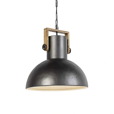 Imagen de Qazqa Lámpara colgante industrial negra madera MANGOES Acero/Redonda/Alargada Adecuado para LED Max. 1 x 25 Watt