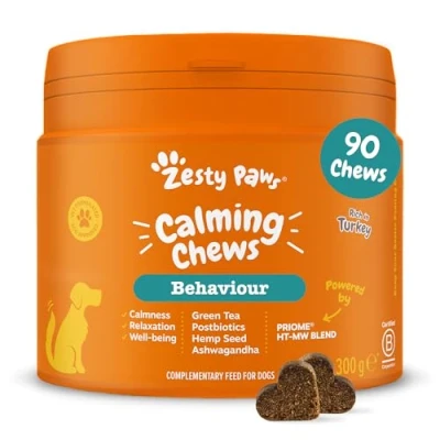 Imagen de Suplemento calmante Zesty Paws para Perros Alivio de ansiedad Relajación y Estrés Ashwagandha, Té Verde L Triptófano Tabletas calmantes 90 Piezas